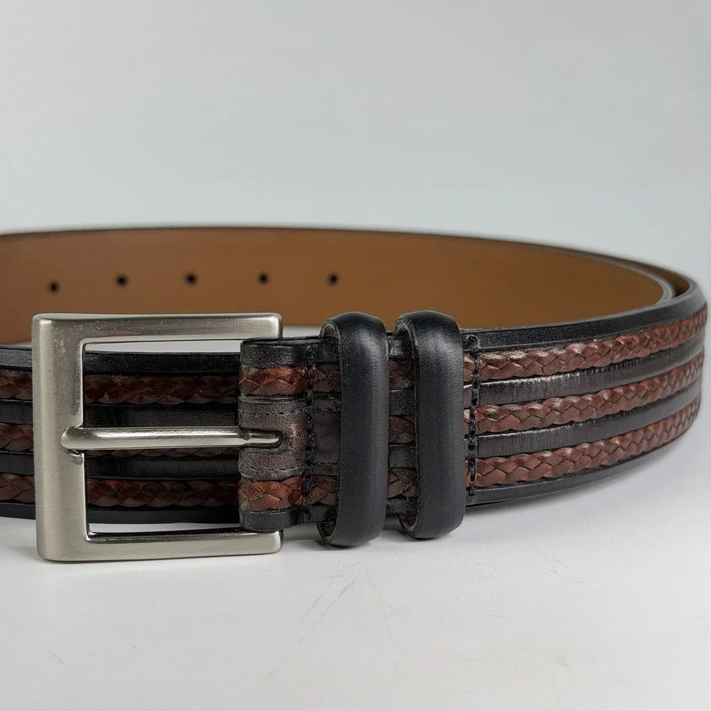 Allen Edmonds Triple Braid Inlay Leather Belt 33011 Brown Black Mens 44 Weave